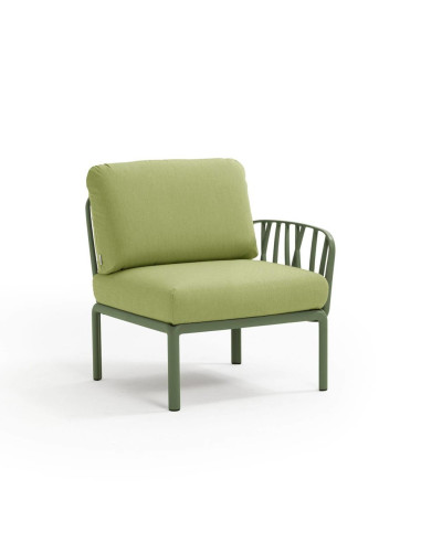 Fauteuil en résine KOMODO vert agave 1 accoudoir renforcé en fibre de verre avec coussin avocado