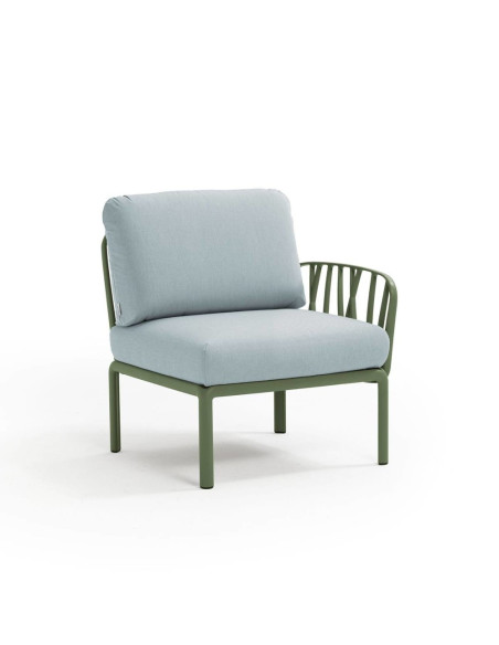 Fauteuil en résine KOMODO vert agave 1 accoudoir renforcé en fibre de verre avec coussin ghiaccio