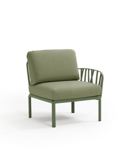 Fauteuil en résine KOMODO vert agave 1 accoudoir renforcé en fibre de verre avec coussin giungla