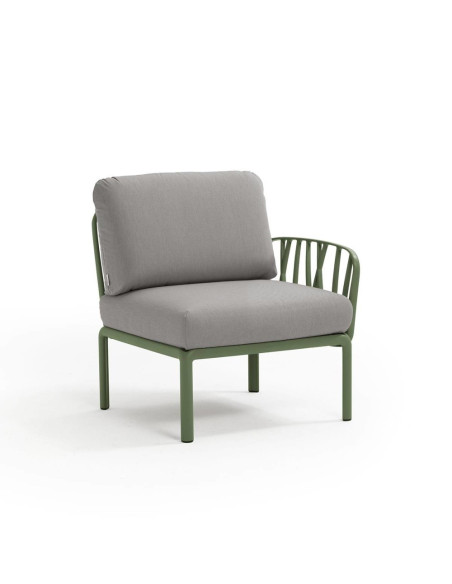 Fauteuil en résine KOMODO vert agave 1 accoudoir renforcé en fibre de verre avec coussin grigio