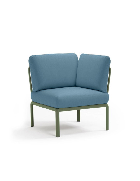 Chauffeuse d'angle en résine KOMODO vert agave renforcé en fibre de verre avec coussin adriatic