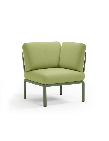 Chauffeuse d'angle en résine KOMODO vert agave renforcé en fibre de verre avec coussin avocado