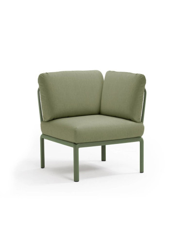 Chauffeuse d'angle en résine KOMODO vert agave renforcé en fibre de verre avec coussin giungla