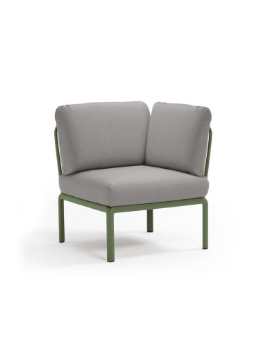 Chauffeuse d'angle en résine KOMODO vert agave renforcé en fibre de verre avec coussin grigio