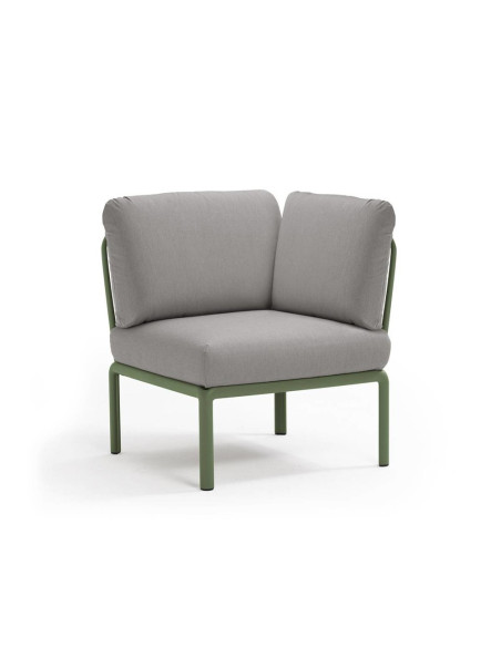 Chauffeuse d'angle en résine KOMODO vert agave renforcé en fibre de verre avec coussin grigio