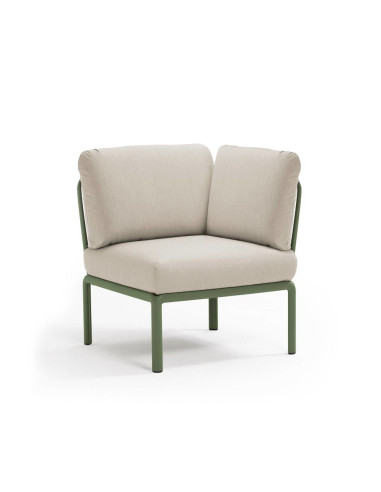 Chauffeuse d'angle en résine KOMODO vert agave renforcé en fibre de verre avec coussin panama