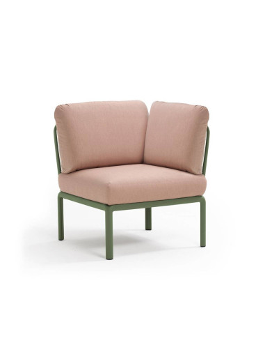 Chauffeuse d'angle en résine KOMODO vert agave renforcé en fibre de verre avec coussin rosa