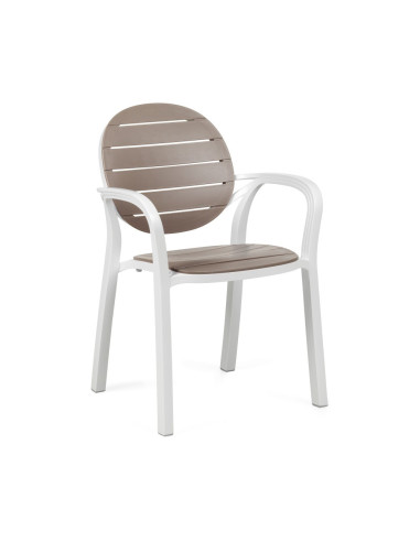 Fauteuil en résine PALMA blanc/taupe assise et dossier lattes